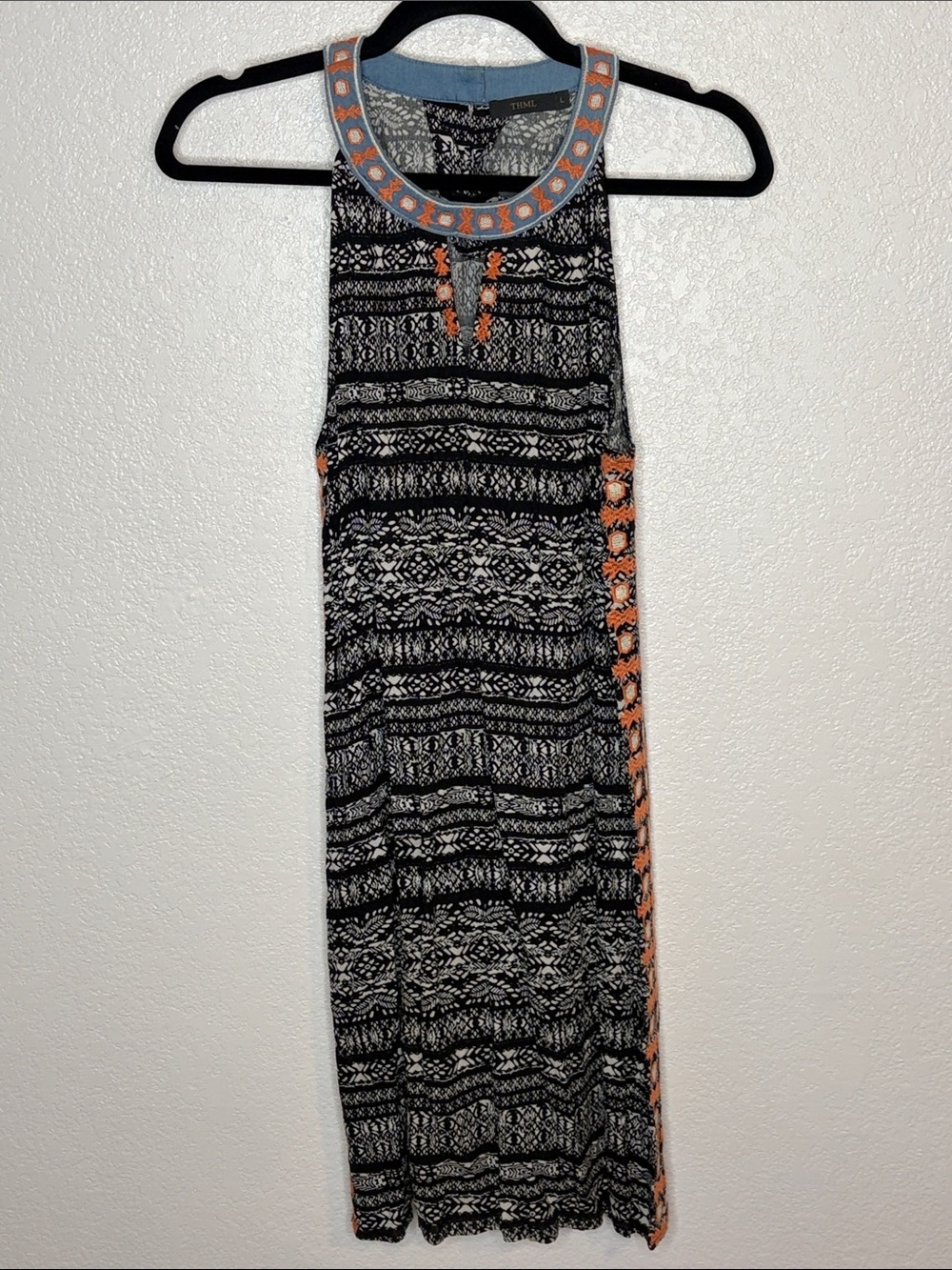 THML Black & White Block Print High Neck Embroidered Boho Dress Size Large